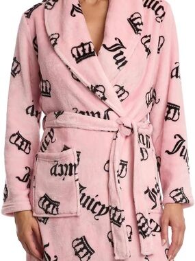 Juicy Couture Pink Plush Logo Robe with Black Print
